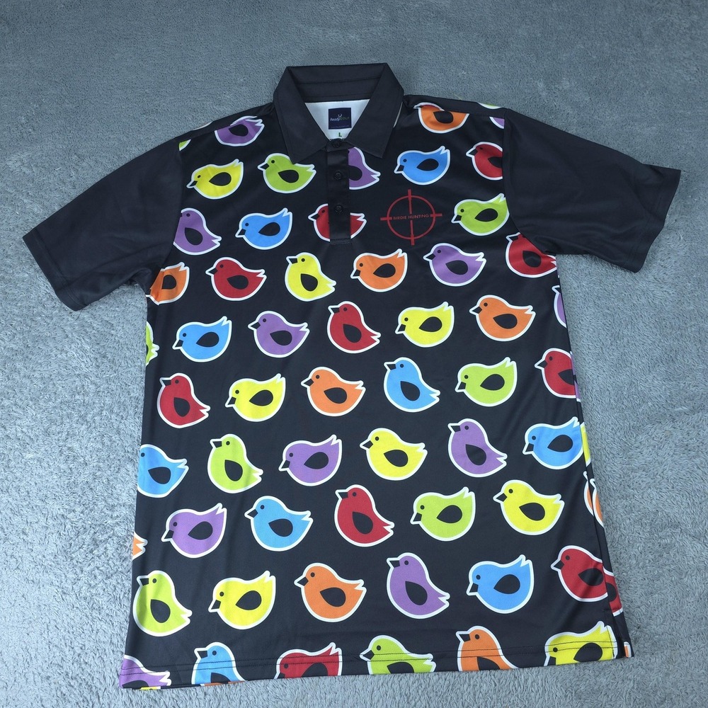 ReadyGOLF Polo Shirt Mens Large Black Birdie Hunting Birds Golf Novelty Print